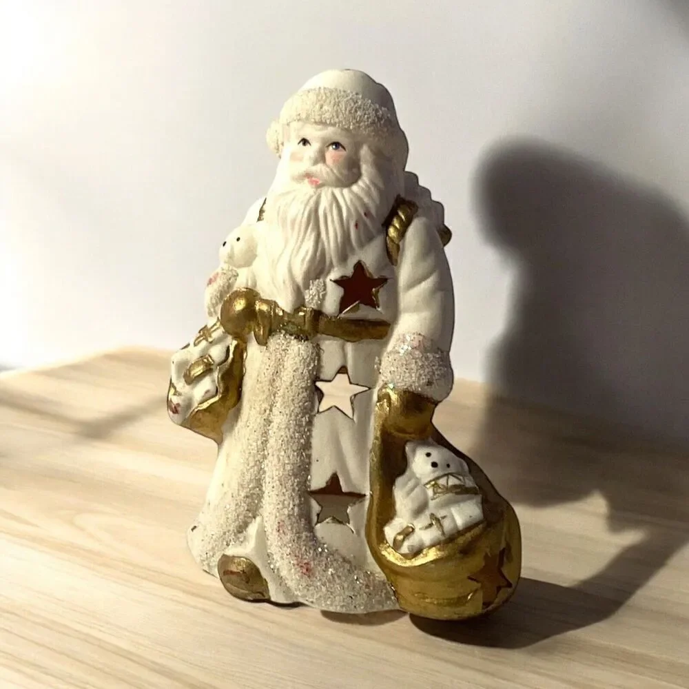 Vintage White and Gold Ceramic Santa Votive/Tea Light Candle Holder